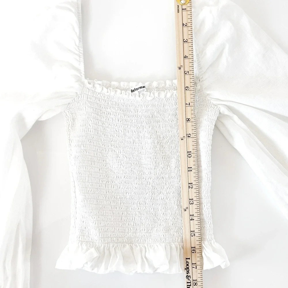 Reformation White Linen Smocked Puff‎ Sleeve Top | Square Neck | Size M